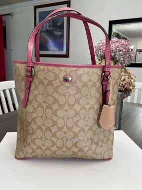Coach Beige Signature Canvas Tote with Pink Trim